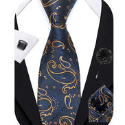 Axlon Tie for Men – Paisley Silk Neck Ties Set with Cufflinks Flower Pin, Pocket Square & Black Gift Box, Combo Necktie Sets for Office Wear, Formal Suits & Weddings (Navy Blue Gold, AX11_10)
