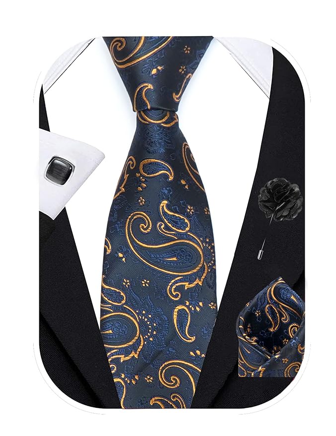 Axlon Tie for Men – Paisley Silk Neck Ties Set with Cufflinks Flower Pin, Pocket Square & Black Gift Box, Combo Necktie Sets for Office Wear, Formal Suits & Weddings (Navy Blue Gold, AX11_10)