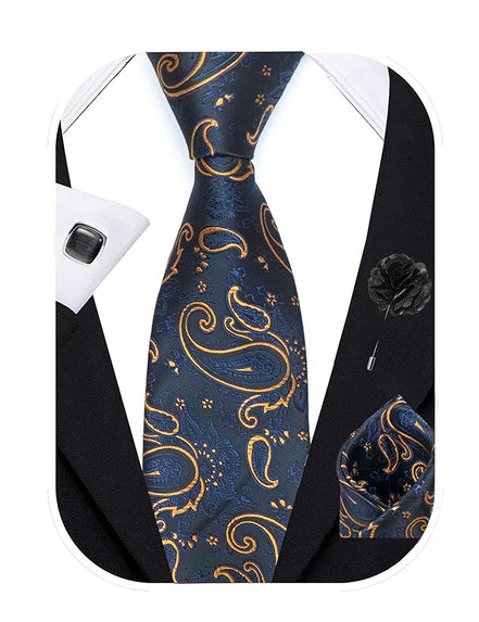 Axlon Tie for Men – Paisley Silk Neck Ties Set with Cufflinks Flower Pin, Pocket Square & Black Gift Box, Combo Necktie Sets for Office Wear, Formal Suits & Weddings (Navy Blue Gold, AX11_10)