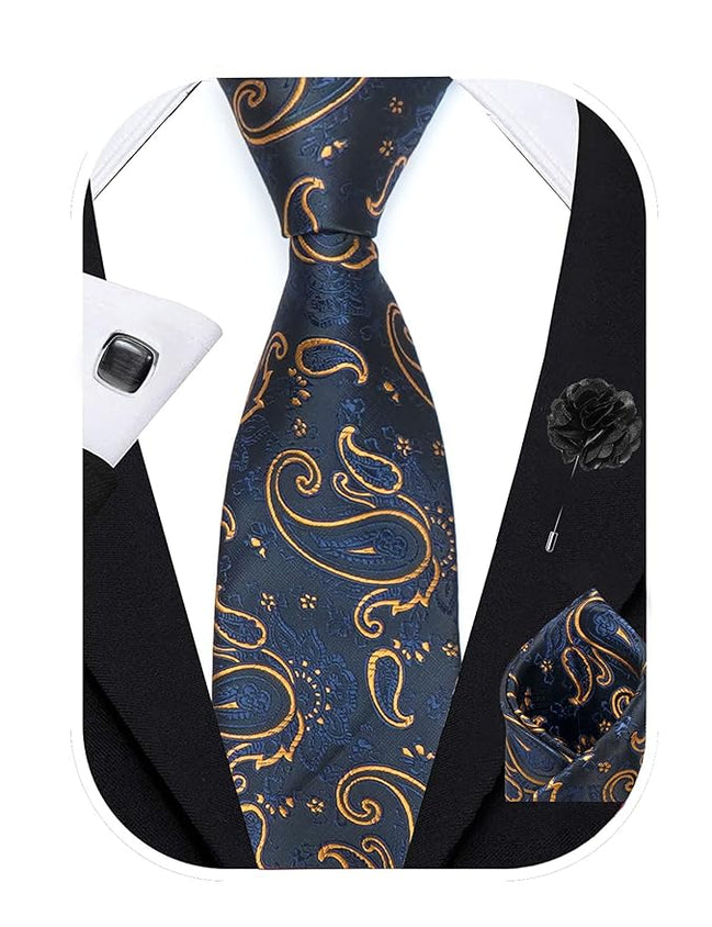 Axlon Tie for Men – Paisley Silk Neck Ties Set with Cufflinks Flower Pin, Pocket Square & Black Gift Box, Combo Necktie Sets for Office Wear, Formal Suits & Weddings (Navy Blue Gold, AX11_10)