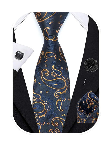 Axlon Tie for Men – Paisley Silk Neck Ties Set with Cufflinks Flower Pin, Pocket Square & Black Gift Box, Combo Necktie Sets 