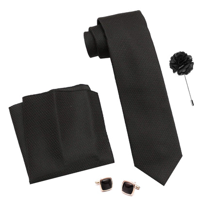 RIZORO Tie for Men – Self Silk Neck Ties Set with Cufflinks Flower Pin, Pocket Square & Black Gift Box, Combo Necktie Sets for Office Wear, Formal Suits & Weddings (0, SIDIRB)