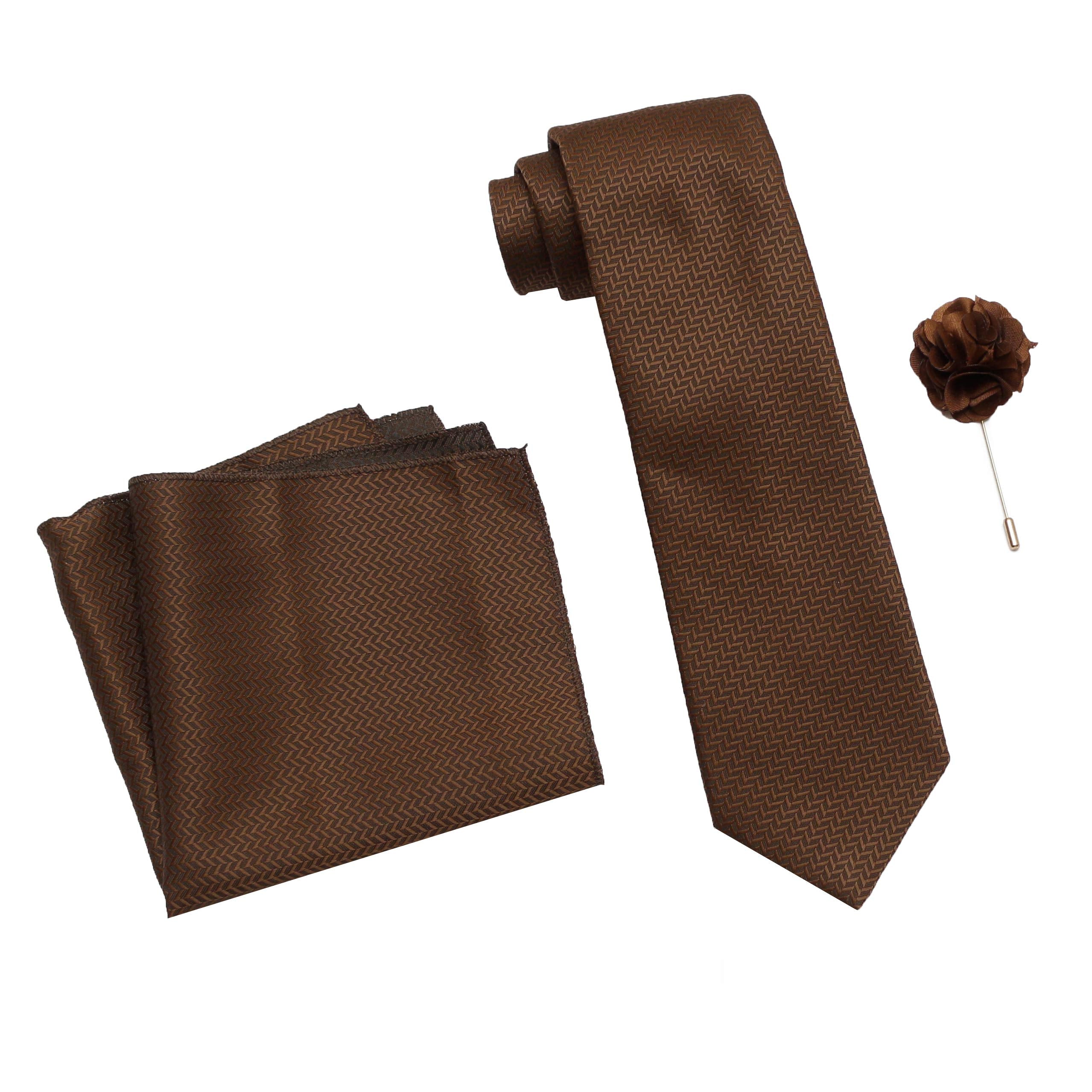 RIZORO Tie for Men – Self Silk Neck Ties Set with Cufflinks Flower Pin, Pocket Square & Black Gift Box, Combo Necktie Sets for Office Wear, Formal Suits & Weddings (0, SIDIRS)