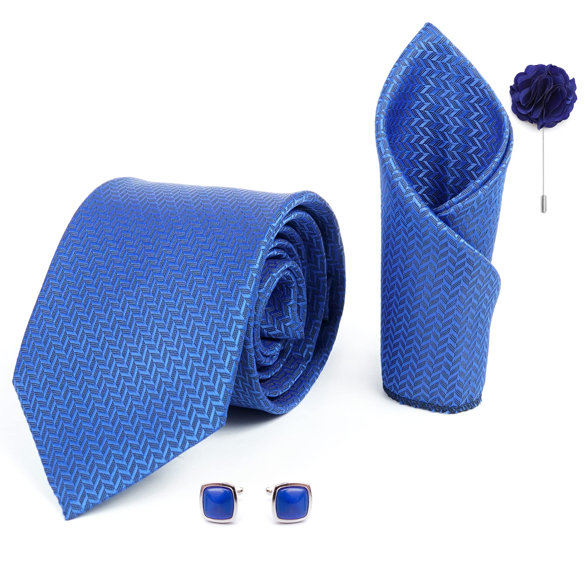 RIZORO Tie for Men – Self Silk Neck Ties Set with Cufflinks Flower Pin, Pocket Square & Black Gift Box, Combo Necktie Sets for Office Wear, Formal Suits & Weddings (0, SIDIRX)