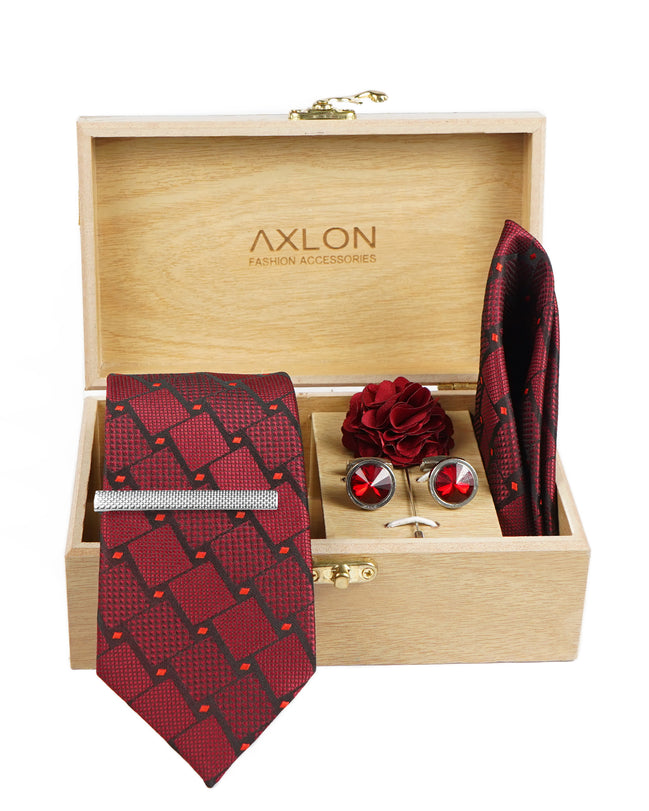 Axlon Tie Set for Men - Luxe Maroon, checkered | Necktie Gift Box with Cufflinks, Pocket Square & Lapel Pin