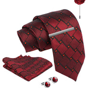 Axlon Tie Set for Men - Luxe Maroon, checkered | Necktie Gift Box with Cufflinks, Pocket Square & Lapel Pin