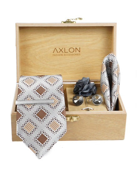 Axlon Tie Set for Men - Metallic Silver, checkered | Necktie Gift Box with Cufflinks, Pocket Square & Lapel Pin