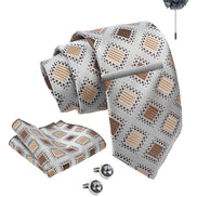 Axlon Tie Set for Men - Metallic Silver, checkered | Necktie Gift Box with Cufflinks, Pocket Square & Lapel Pin