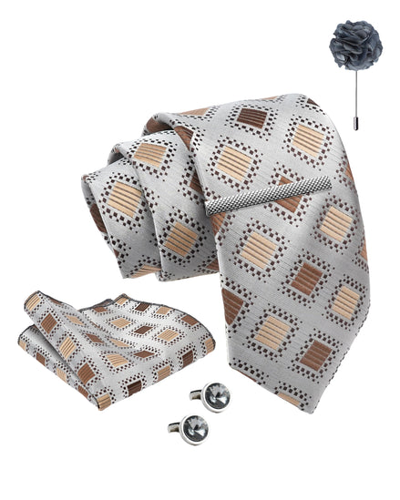 Axlon Tie Set for Men - Metallic Silver, checkered | Necktie Gift Box with Cufflinks, Pocket Square & Lapel Pin