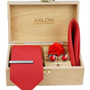 Axlon Tie Set for Men - Crimson Red, Dotted | Necktie Gift Box with Cufflinks, Pocket Square & Lapel Pin