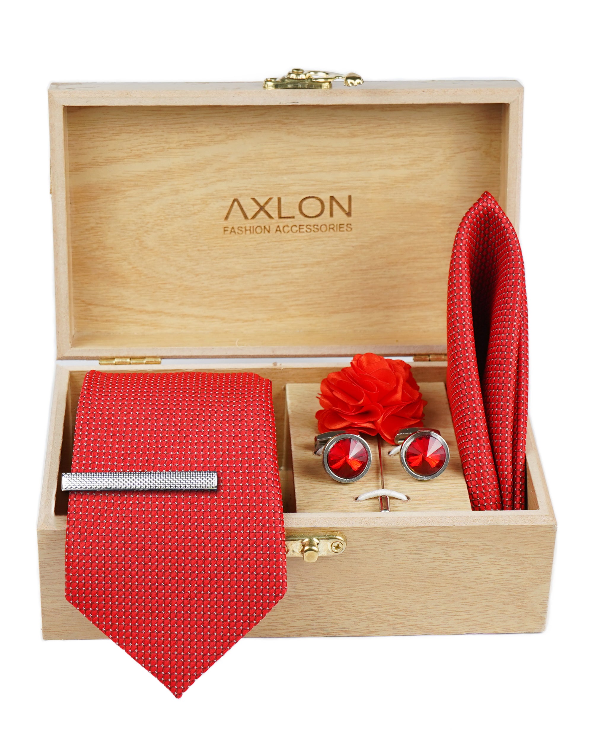 Axlon Tie Set for Men - Crimson Red, Dotted | Necktie Gift Box with Cufflinks, Pocket Square & Lapel Pin