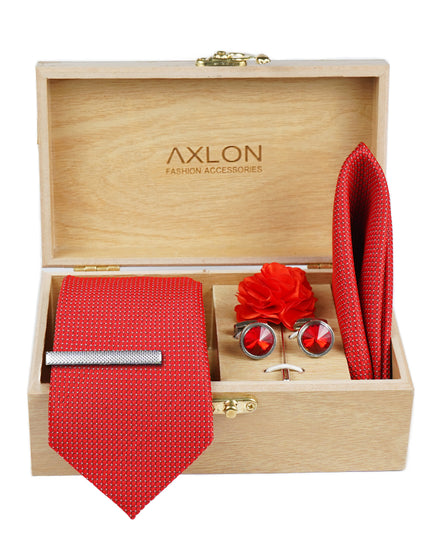 Axlon Tie Set for Men - Crimson Red, Dotted | Necktie Gift Box with Cufflinks, Pocket Square & Lapel Pin