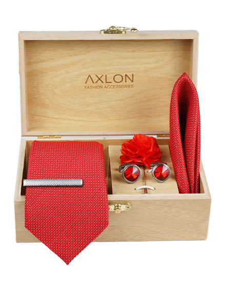 Axlon Tie Set for Men - Crimson Red, Dotted | Necktie Gift Box with Cufflinks, Pocket Square & Lapel Pin