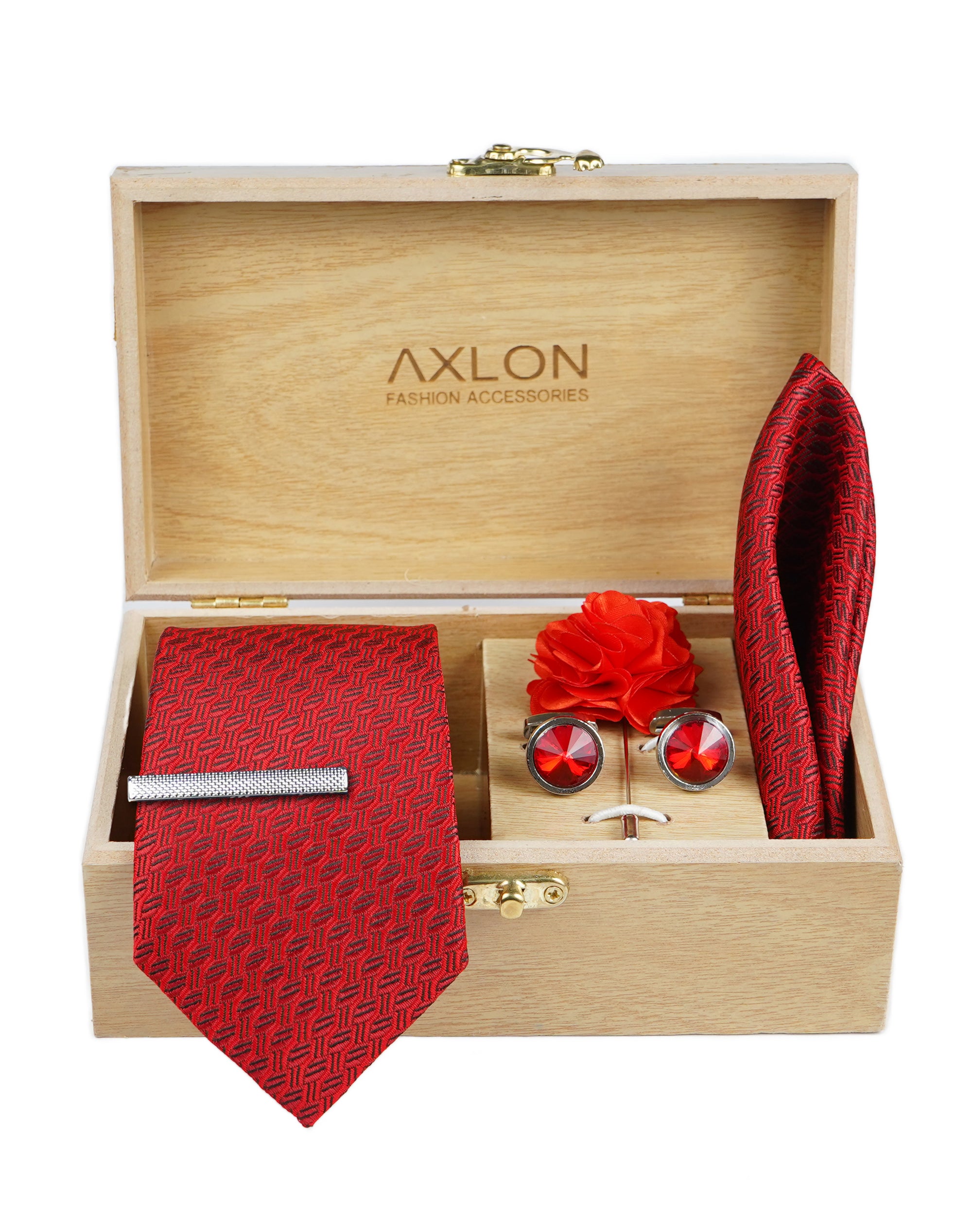 Axlon Tie Set for Men - Crimson Red, Dotted | Necktie Gift Box with Cufflinks, Pocket Square & Lapel Pin