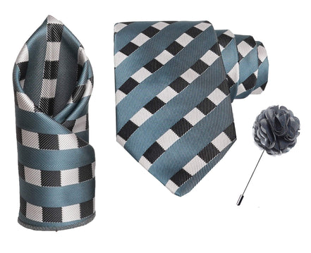 RIZORO Tie for Men – Plaid Silk Neck Ties Set with Cufflinks Flower Pin, Pocket Square & Black Gift Box, Combo Necktie Sets for Office Wear, Formal Suits & Weddings (0, STRIPM1RS)