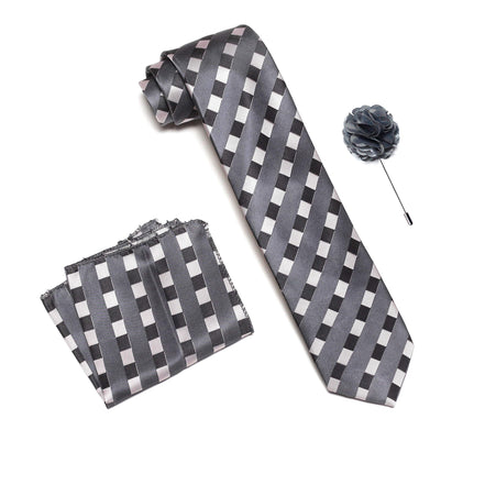 RIZORO Tie for Men – Plaid Silk Neck Ties Set with Cufflinks Flower Pin, Pocket Square & Black Gift Box, Combo Necktie Sets for Office Wear, Formal Suits & Weddings (0, STRIPM1RS)