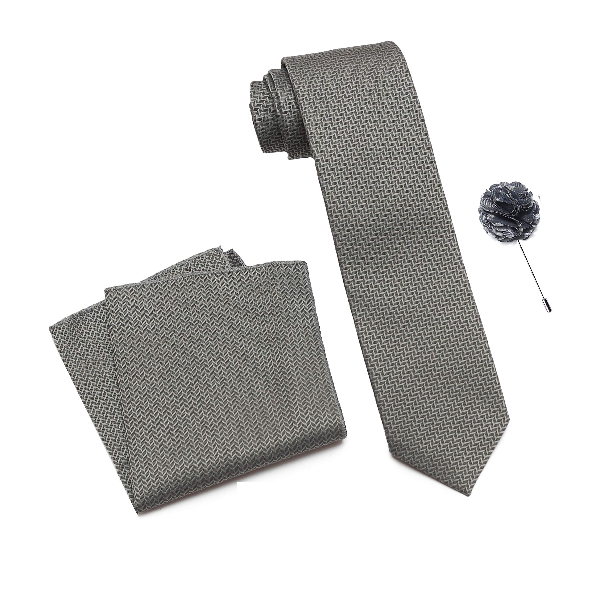 RIZORO Tie for Men – Self Silk Neck Ties Set with Cufflinks Flower Pin, Pocket Square & Black Gift Box, Combo Necktie Sets for Office Wear, Formal Suits & Weddings (0, SIDIRS)