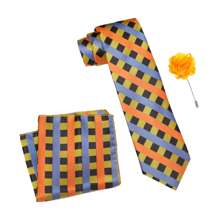 RIZORO Tie for Men – Plaid Silk Neck Ties Set with Cufflinks Flower Pin, Pocket Square & Black Gift Box, Combo Necktie Sets for Office Wear, Formal Suits & Weddings (0, STRIPM1RS)