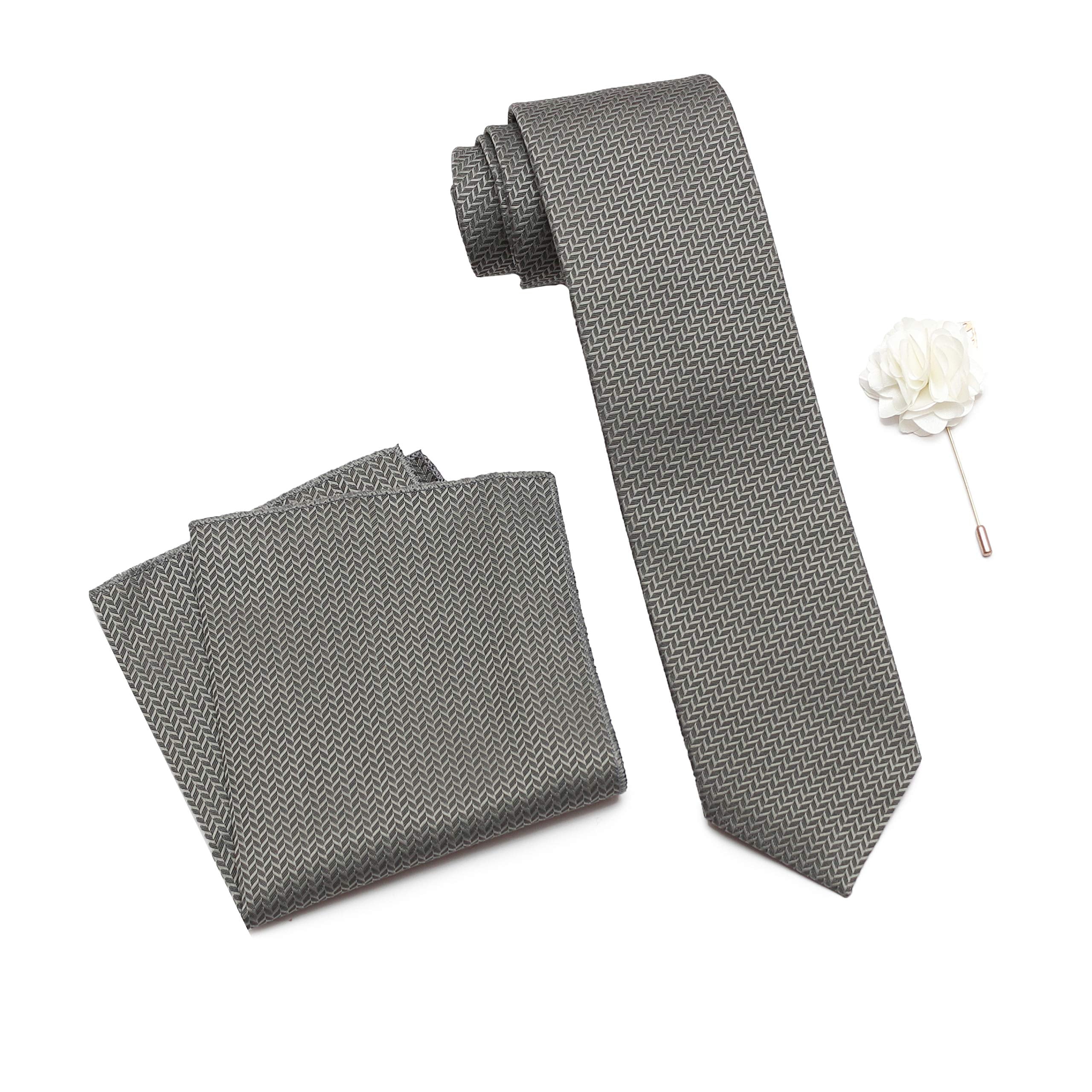 RIZORO Tie for Men – Self Silk Neck Ties Set with Cufflinks Flower Pin, Pocket Square & Black Gift Box, Combo Necktie Sets for Office Wear, Formal Suits & Weddings (0, SIDIRS)