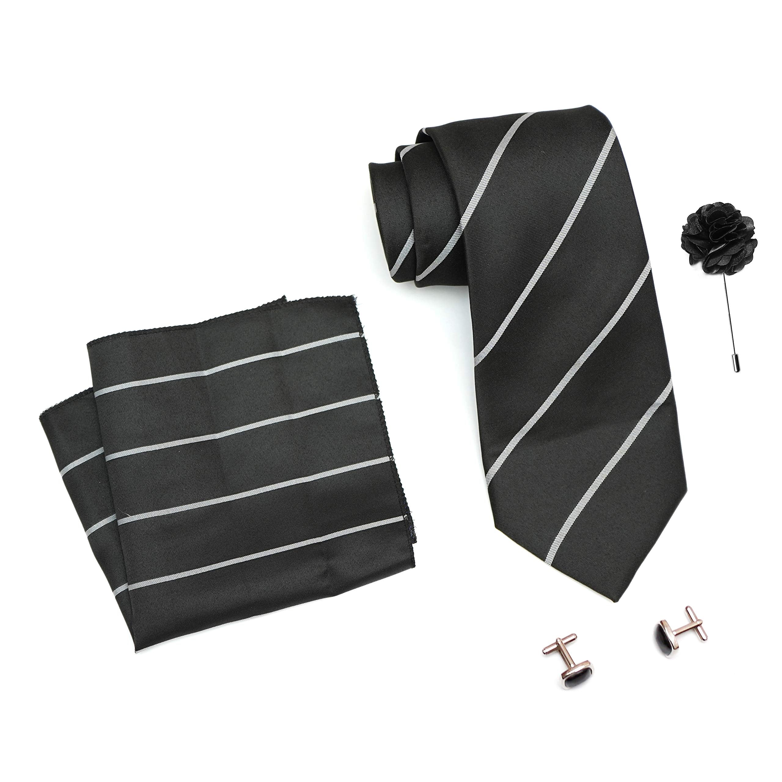 RIZORO Tie for Men – Plaid Silk Neck Ties Set with Cufflinks Flower Pin, Pocket Square & Black Gift Box, Combo Necktie Sets for Office Wear, Formal Suits & Weddings (0, S2RB)