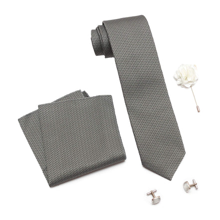 RIZORO Tie for Men – Self Silk Neck Ties Set with Cufflinks Flower Pin, Pocket Square & Black Gift Box, Combo Necktie Sets for Office Wear, Formal Suits & Weddings (0, SIDIRB)