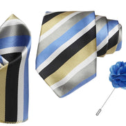 RIZORO Tie for Men – Plaid Silk Neck Ties Set with Cufflinks Flower Pin, Pocket Square & Black Gift Box, Combo Necktie Sets for Office Wear, Formal Suits & Weddings (0, STRIPM2RS)