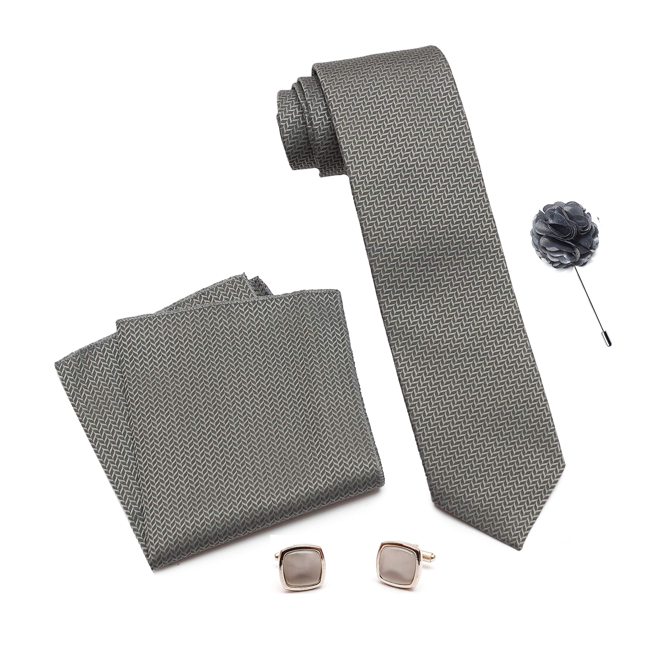 RIZORO Tie for Men – Self Silk Neck Ties Set with Cufflinks Flower Pin, Pocket Square & Black Gift Box, Combo Necktie Sets for Office Wear, Formal Suits & Weddings (0, SIDIRB)