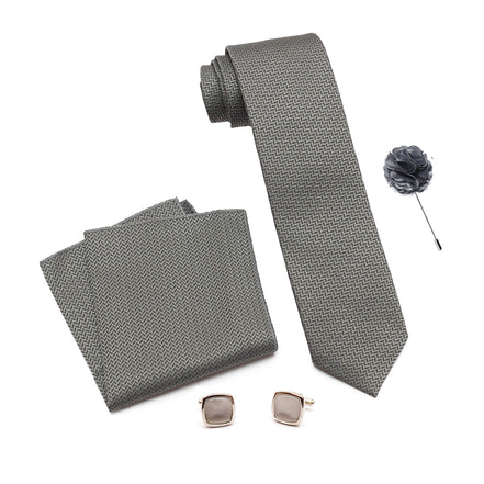 RIZORO Tie for Men – Self Silk Neck Ties Set with Cufflinks Flower Pin, Pocket Square & Black Gift Box, Combo Necktie Sets for Office Wear, Formal Suits & Weddings (0, SIDIRB)