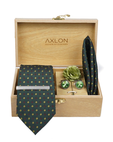 Axlon Tie Set for Men - Forest Green, dotted | Necktie Gift Box with Cufflinks, Pocket Square & Lapel Pin
