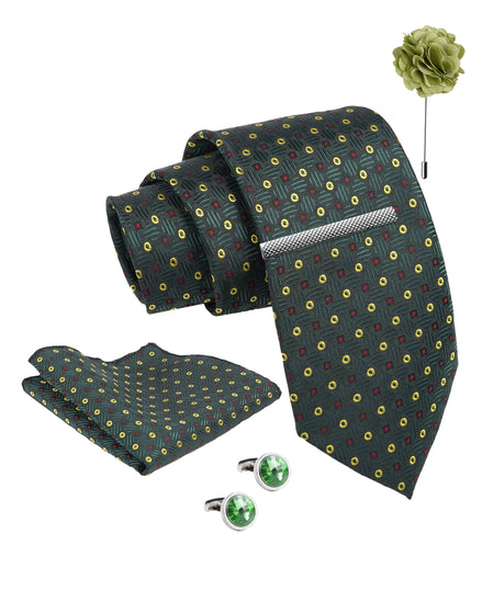 Axlon Tie Set for Men - Forest Green, dotted | Necktie Gift Box with Cufflinks, Pocket Square & Lapel Pin