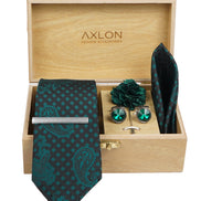 Axlon Tie Set for Men - Forest Green, Paisley | Necktie Gift Box with Cufflinks, Pocket Square & Lapel Pin