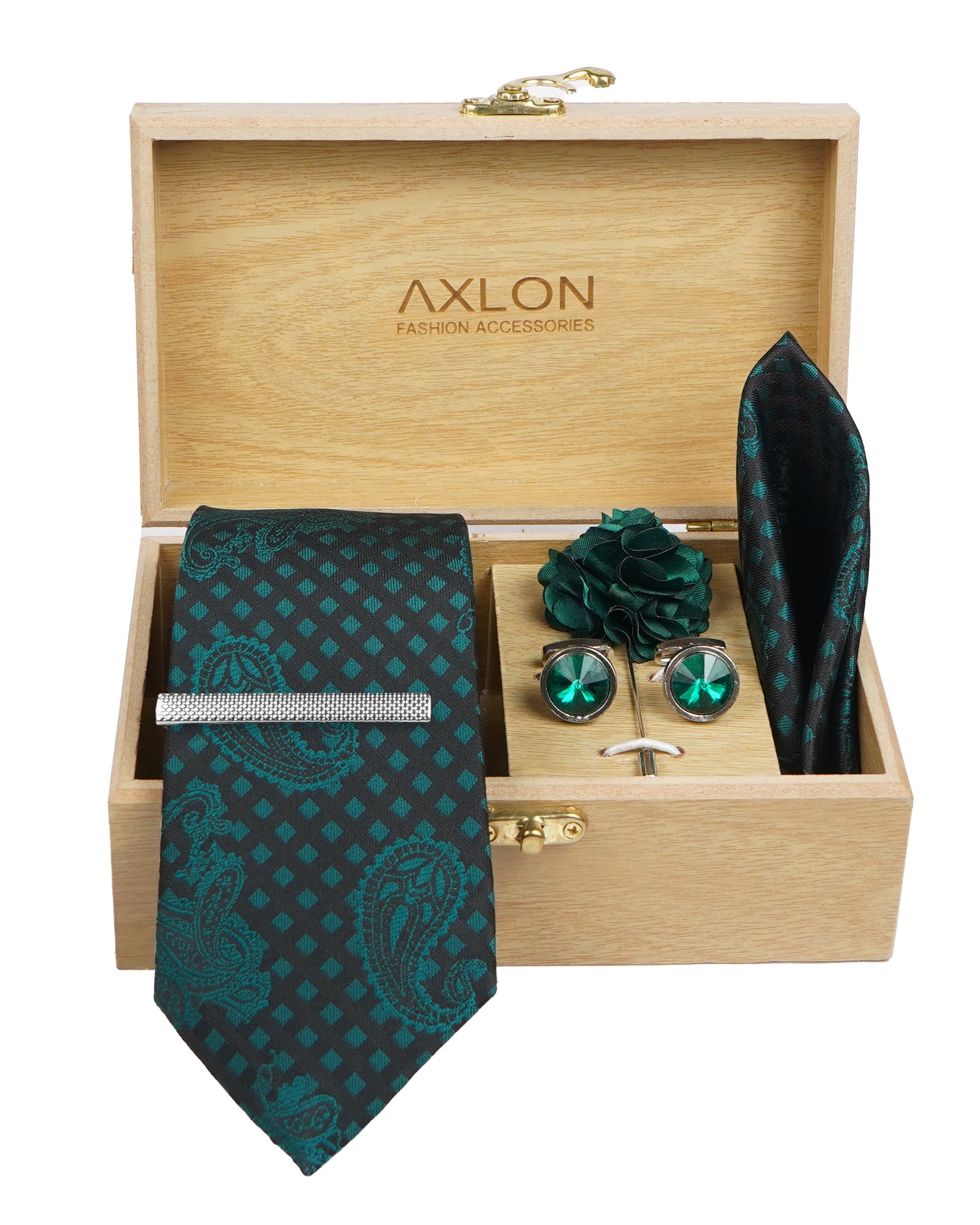 Axlon Tie Set for Men - Forest Green, Paisley | Necktie Gift Box with Cufflinks, Pocket Square & Lapel Pin