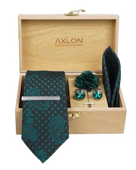 Axlon Tie Set for Men - Forest Green, Paisley | Necktie Gift Box with Cufflinks, Pocket Square & Lapel Pin