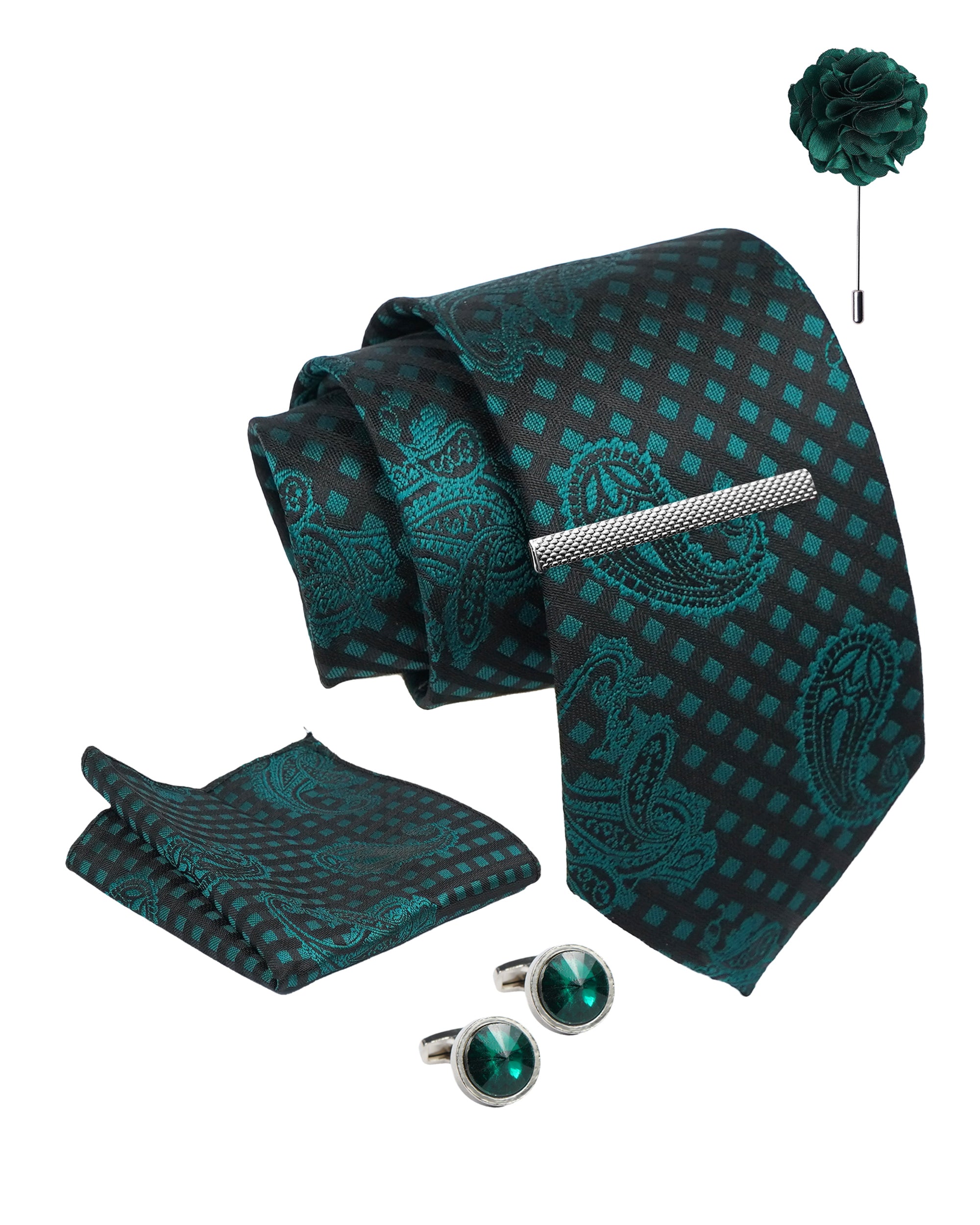 Axlon Tie Set for Men - Forest Green, Paisley | Necktie Gift Box with Cufflinks, Pocket Square & Lapel Pin