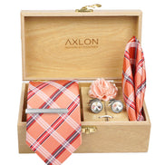 Axlon Tie Set for Men - Soft Peach,  checkered | Necktie Gift Box with Cufflinks, Pocket Square & Lapel Pin