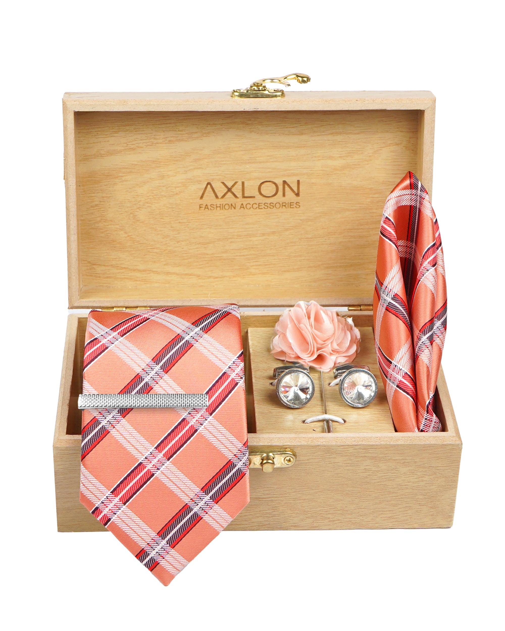 Axlon Tie Set for Men - Soft Peach,  checkered | Necktie Gift Box with Cufflinks, Pocket Square & Lapel Pin