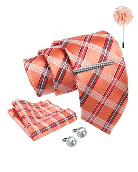 Axlon Tie Set for Men - Soft Peach,  checkered | Necktie Gift Box with Cufflinks, Pocket Square & Lapel Pin