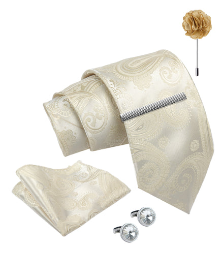 Axlon Tie Set for Men - Elegant Beige, Paisley | Necktie Gift Box with Cufflinks, Pocket Square & Lapel Pin