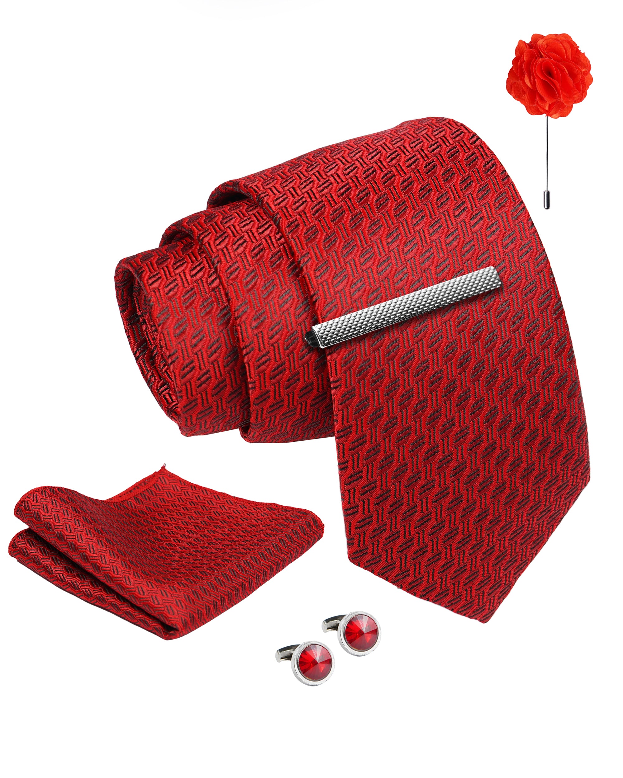 Axlon Tie Set for Men - Crimson Red, Dotted | Necktie Gift Box with Cufflinks, Pocket Square & Lapel Pin