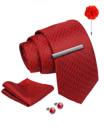 Axlon Tie Set for Men - Crimson Red, Dotted | Necktie Gift Box with Cufflinks, Pocket Square & Lapel Pin
