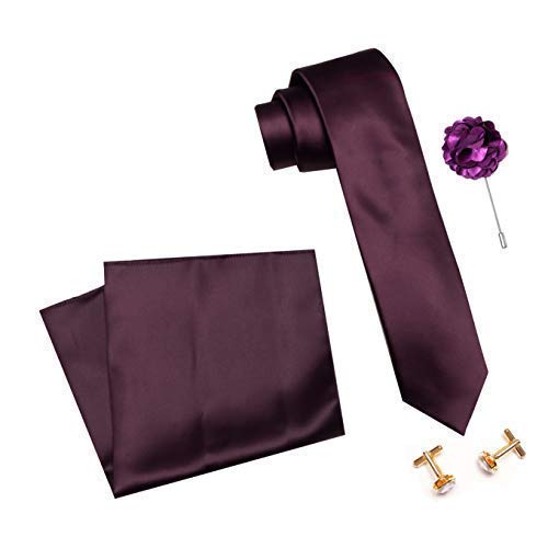 Axlon Men's Micro Polyester Plain Necktie Set with Pocket Square, Brooch Pin and Cufflinks (Violet, Free Size)