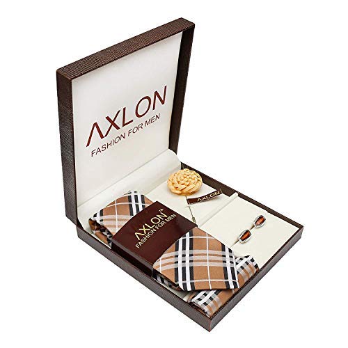 Axlon Men Silk Stain Resistant Check Print Neck Tie Accessory Gift Set- Brown(Free Size)