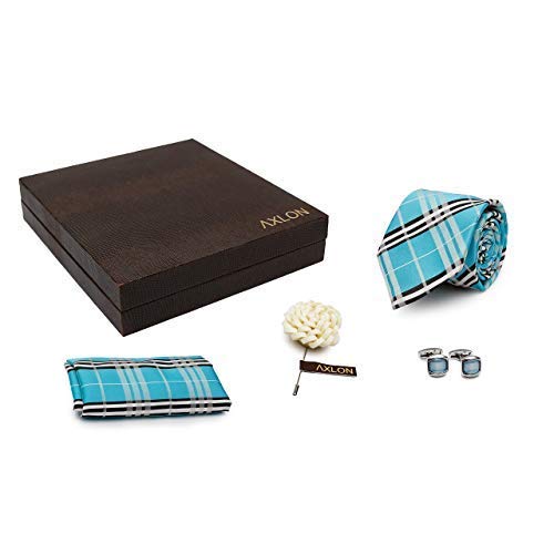 Axlon Men Sky Silk Stain Resistant Check Print Neck Tie Accessory Gift Set- Sky Blue(Free Size)