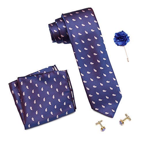 Axlon Men's Micro Polyester Necktie Set with Pocket Square, Brooch Pin and Cufflinks (Blue, Free Size)