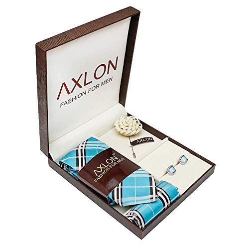 Axlon Men Sky Silk Stain Resistant Check Print Neck Tie Accessory Gift Set- Sky Blue(Free Size)