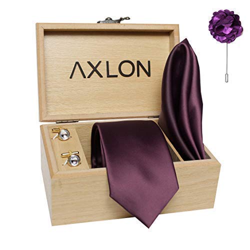 Axlon Men's Micro Polyester Plain Necktie Set with Pocket Square, Brooch Pin and Cufflinks (Violet, Free Size)