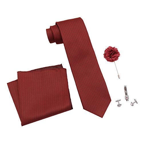 Axlon Men's Micro Polyester Necktie Set with Pocket Square, Brooch Pin and Cufflinks (DarkRed, Free Size)