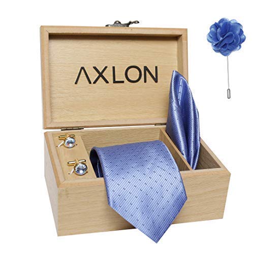Axlon Men's Micro Polyester Necktie Set with Pocket Square, Brooch Pin and Cufflinks (Light Blue, Free Size)