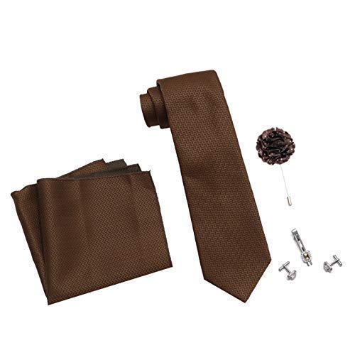 Axlon Men's Micro Polyester Necktie Set with Pocket Square, Brooch Pin and Cufflinks (Brown, Free Size)