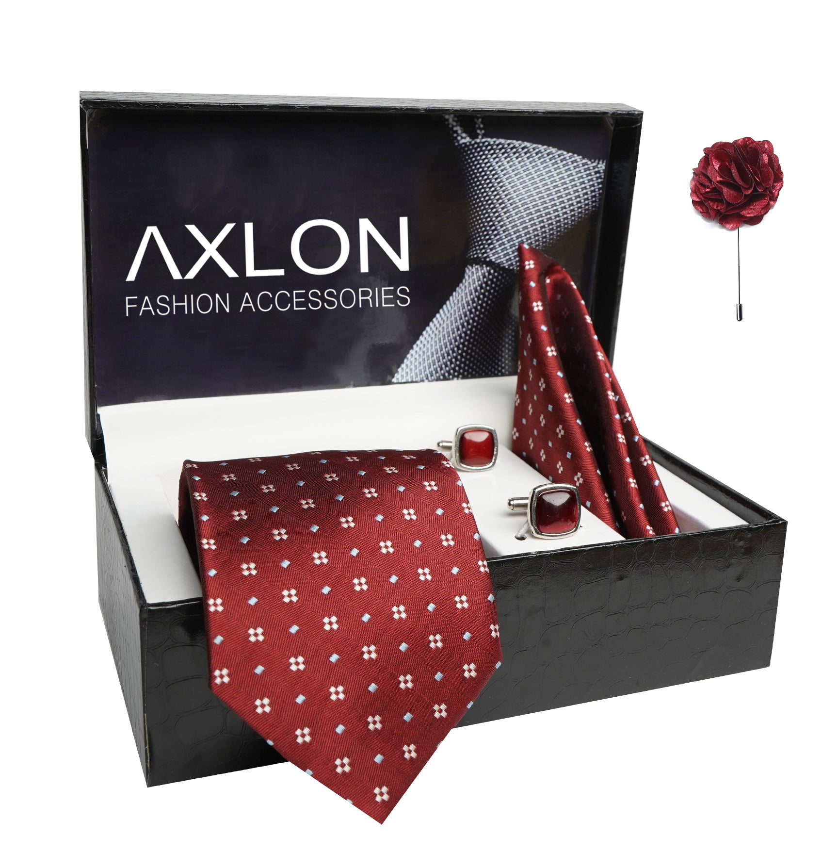 Axlon Mens Plaid Dotted Silk Necktie Gift Set With Pocket Square Cufflinks & Brooch Pin Tie For Men Formal With Leatherite Box